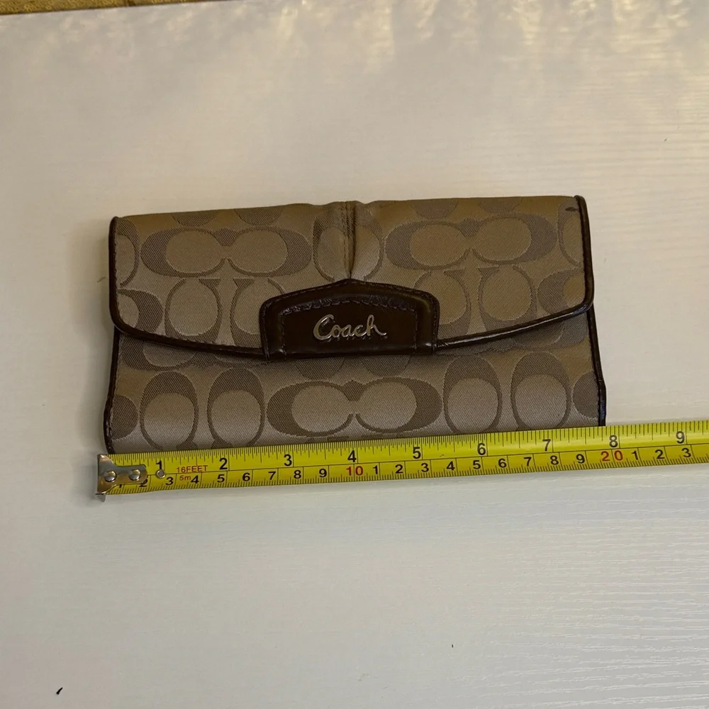 Coach Ashley signature Sateen Checkbook Wallet in khaki and brown